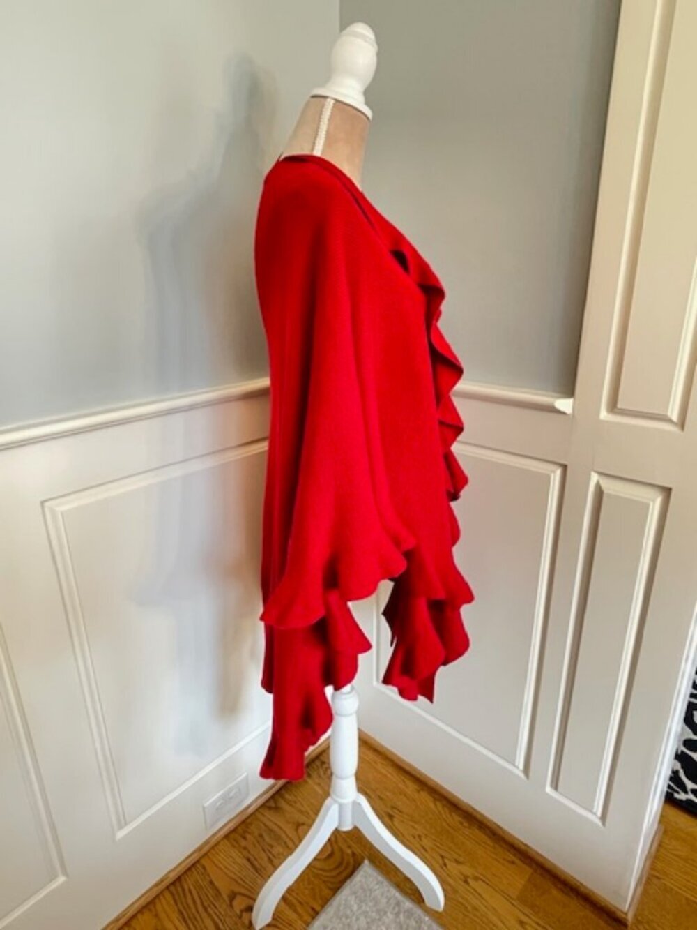 Coldwater Creek Red Ruffle Ruana Wrap OS Boho Lagenlook Open Front Shrug Poncho - Picture 4 of 7